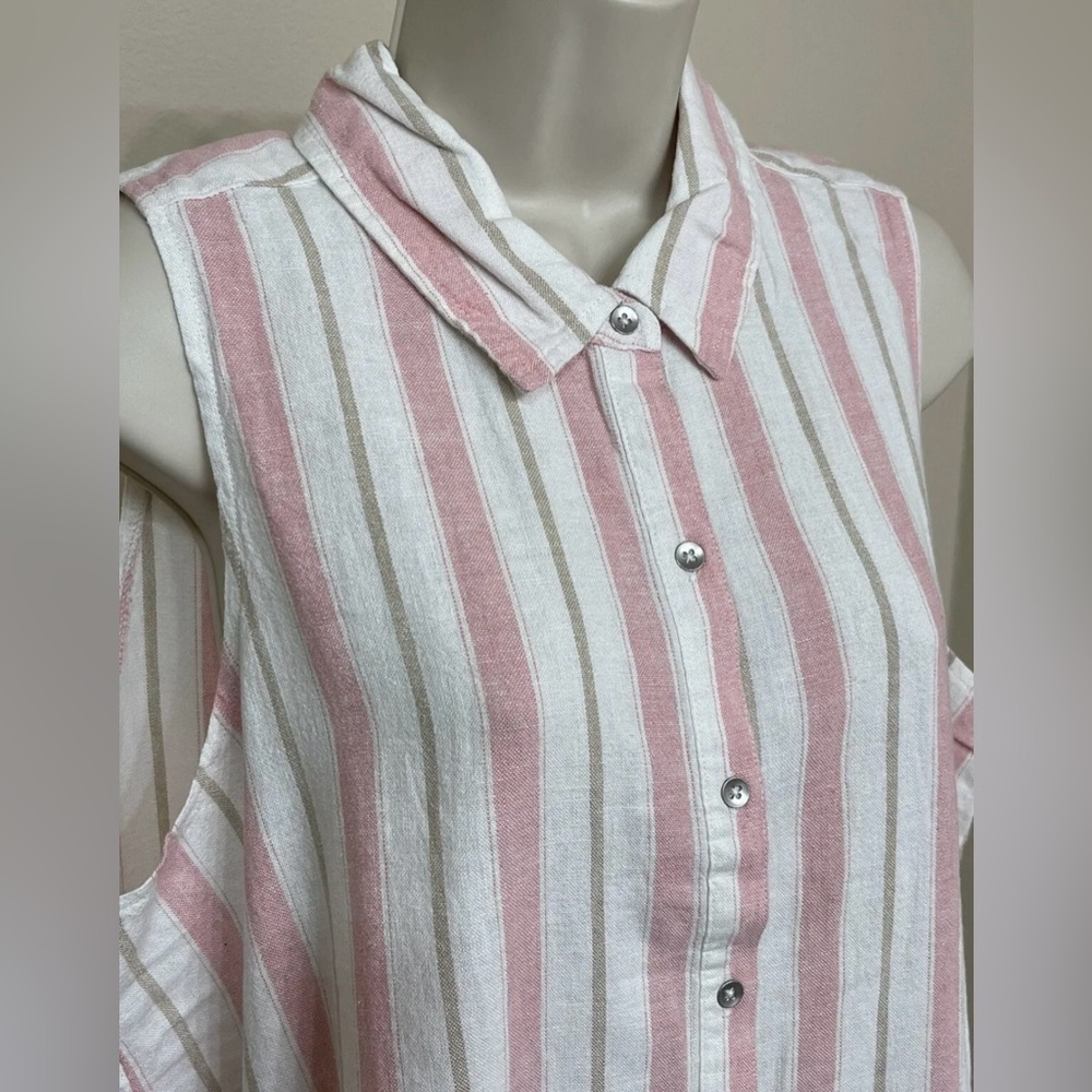 Splendid Women’s Pink Striped Sleeveless Soft Button Up Collared Linen Shirt L - Picture 3 of 9